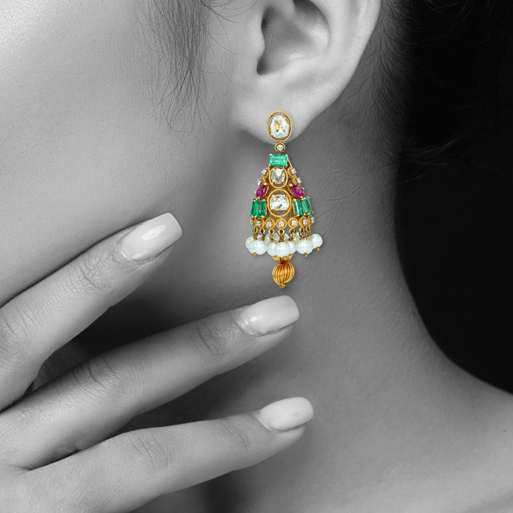 Tiered Polki Jhumkas with Emerald Colour Stone, Ruby, and Pearls